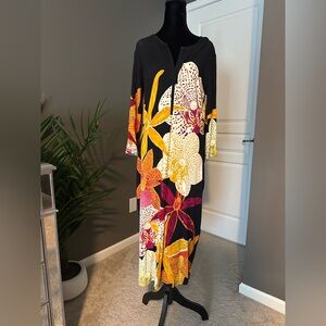 Floral Black Midi Dress in Bold Colors Lightweight Fabric